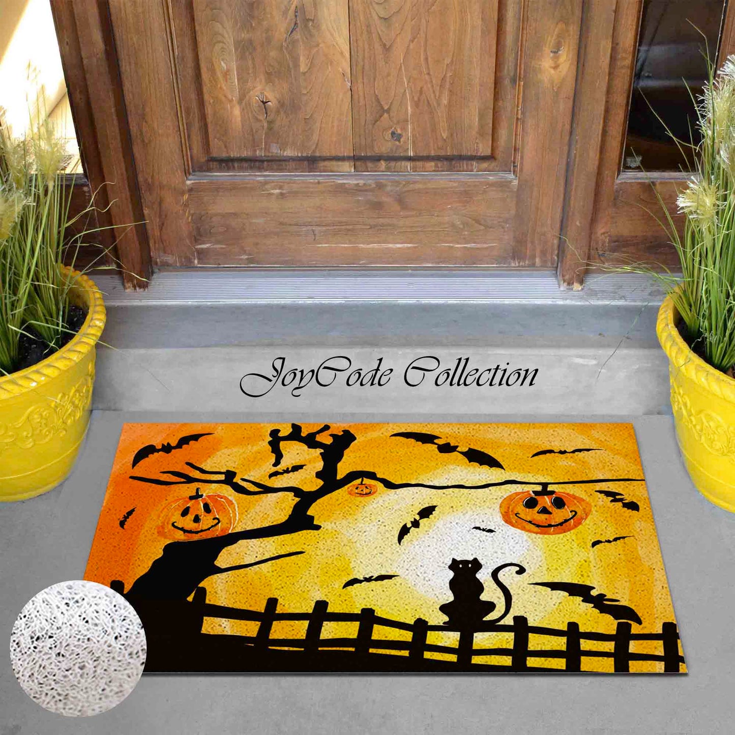 JoySwallow Halloween Pumpkin and Cat PVC Coil Entrance Door Mat, Cute Cat Anti-Skid Outdoor Mat, Animal Entryway Rug for Porch Courtyard, Holiday gift