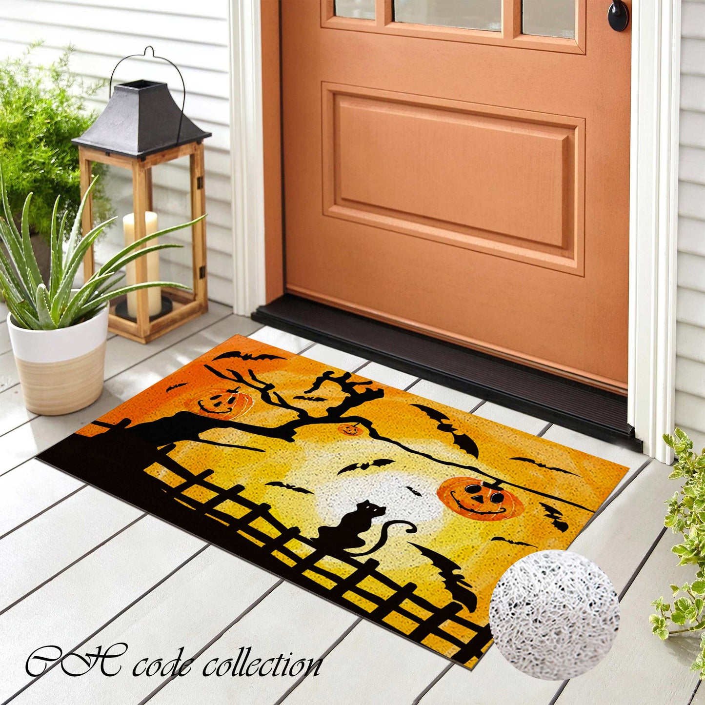 JoySwallow Halloween Pumpkin and Cat PVC Coil Entrance Door Mat, Cute Cat Anti-Skid Outdoor Mat, Animal Entryway Rug for Porch Courtyard, Holiday gift