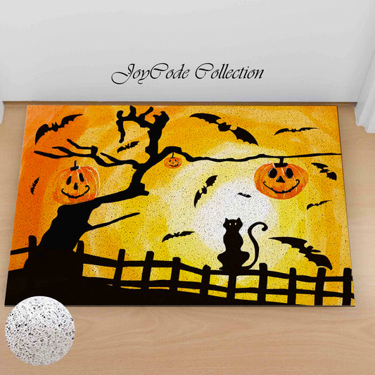 JoySwallow Halloween Pumpkin and Cat PVC Coil Entrance Door Mat, Cute Cat Anti-Skid Outdoor Mat, Animal Entryway Rug for Porch Courtyard, Holiday gift