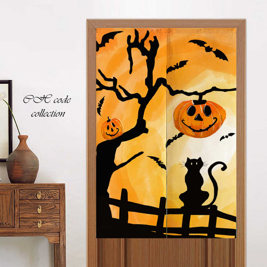 JoySwallow Happy Halloween Doorway Curtain, Kitty Door Tapestries for Home, Holiday Door Curtain for Kitchen, Animal Curtain for Bedroom Decoration, Privacy Divider Curtain with Rod