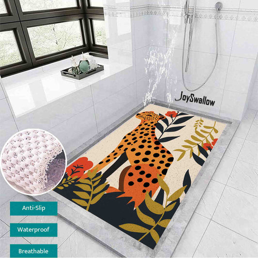 JoySwallow Personalized Bathtub Mat, Jungle Leopard Bathtub Mat, Cheetah PVC Coil Shower Mat, Anti Skid PVC Coil Bathmat, Animal Permeable Bathmat, Glass and Pot Drainable Rug