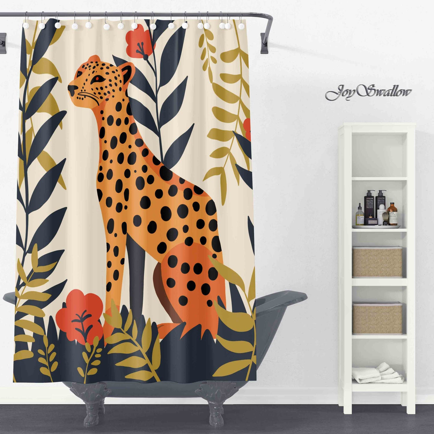 JoySwallow Jungle Leopard Shower Curtain, Cheetah Shower Curtain, Floral Curtain, Waterproof Curtains, Animal Machine Washable Shower Curtains, Heavy Weighted Bath Curtains with hooks