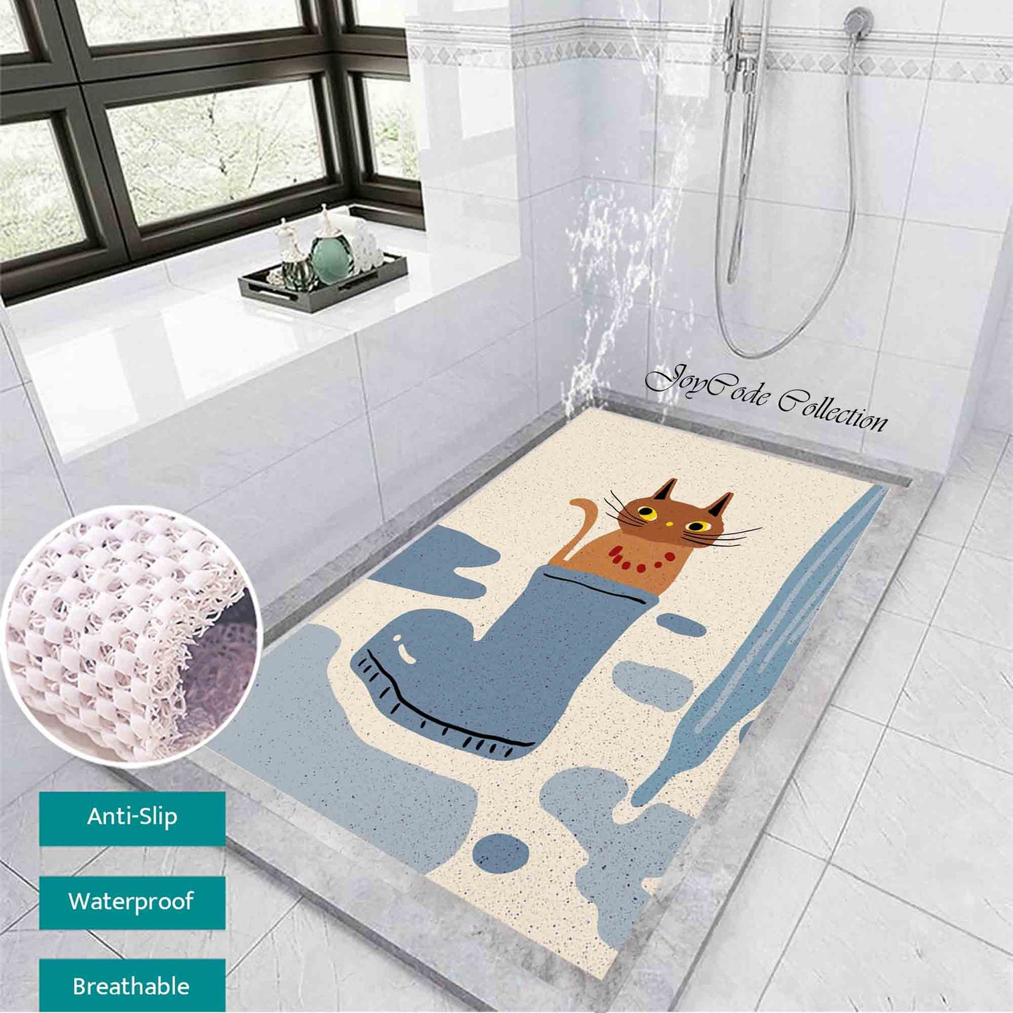 JoySwallow Personalized Bathtub Mat, Kitty in Boot Bathtub Mat, PVC Coil Shower Mat, Anti Skid PVC Coil Bathmat, Animal Permeable Bathmat, Glass and Pot Drainable Rug