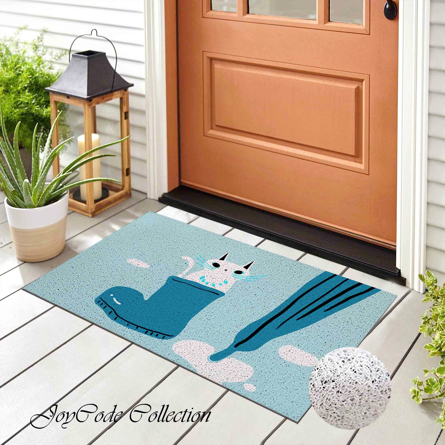 JoySwallow Cute Kitty in Boot PVC Coil Entrance Door Mat, Cute Cat Anti-Skid Outdoor Mat, Animal Entryway Rug for Porch Courtyard