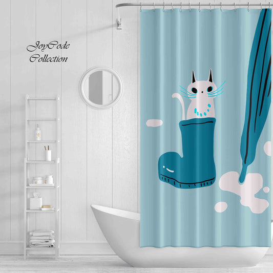 JoySwallow Kitty in Boot Shower Curtain, Cat Waterproof Curtains, Animal Machine Washable Shower Curtains, Heavy Weighted Bath Curtains with hooks