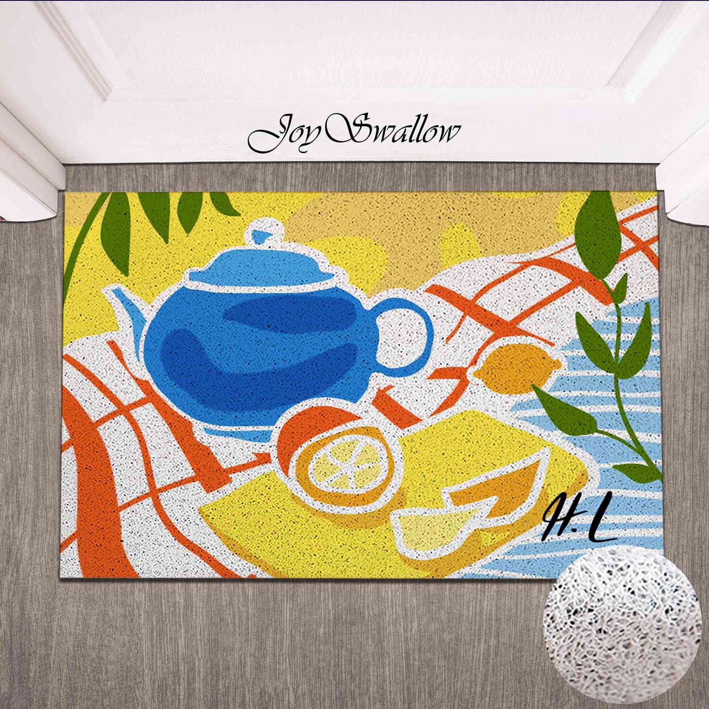 JoySwallow Lemon Tea Pot Doorway mat, Afternoon Tea Door Rug, PVC Coil Entrance Rug, Fruit Indoor Mat, Anti-Skid Outdoor Mat, Art Entryway Rug for Porch Courtyard