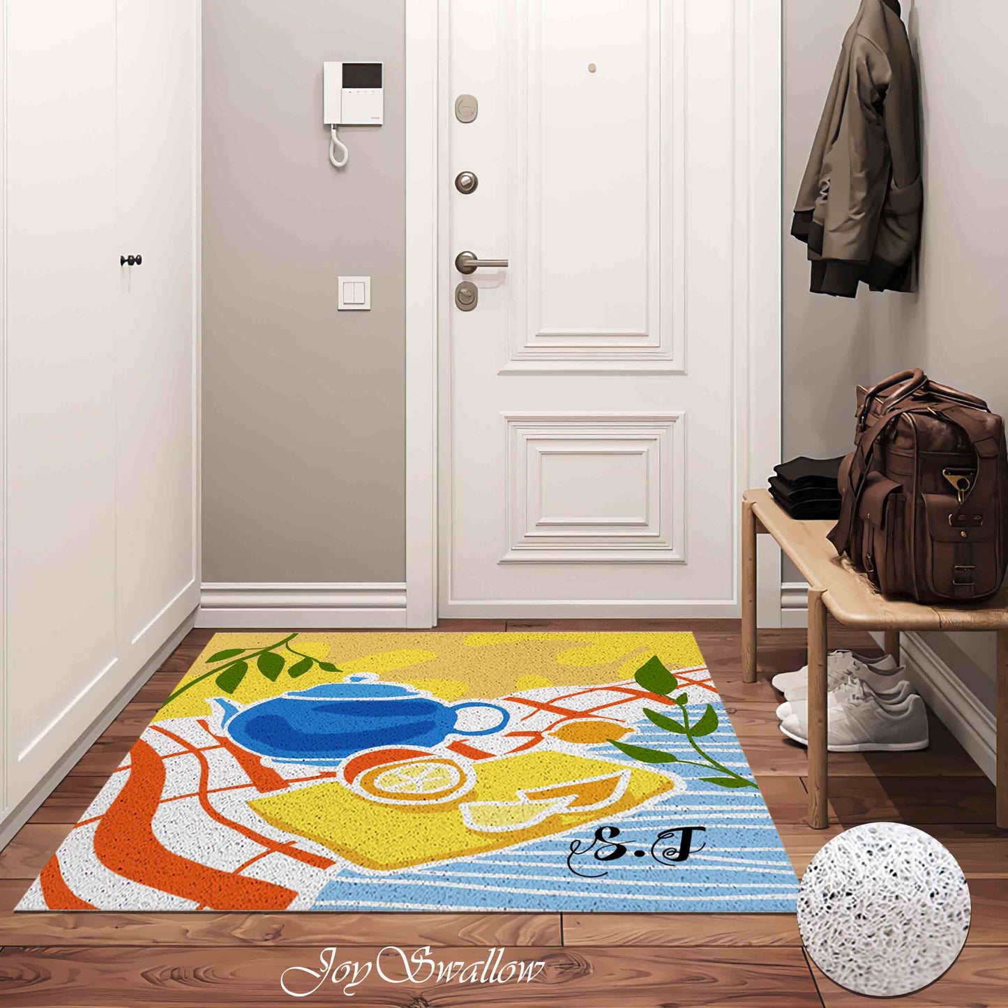 JoySwallow Lemon Tea Pot Doorway mat, Afternoon Tea Door Rug, PVC Coil Entrance Rug, Fruit Indoor Mat, Anti-Skid Outdoor Mat, Art Entryway Rug for Porch Courtyard