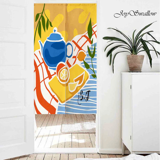 JoySwallow Personalized Doorway Curtain, Lemon Tea Pot Doorway Curtain, Floral Door Tapestries for Home, Lemon Door Curtain for Kitchen, Leaves Curtain for Bedroom Decoration, Privacy Divider Curtain with Rod