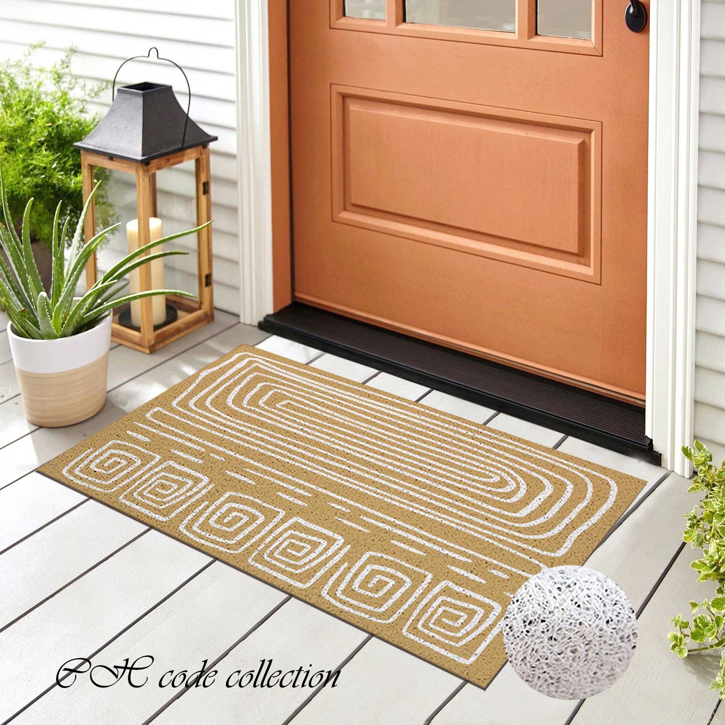 JoySwallow Light Brown Abstract Line Art PVC Coil Entrance Door Mat, Irregular Blocks Anti-Skid Outdoor Mat, Geometrical Entryway Rug for Porch Courtyard