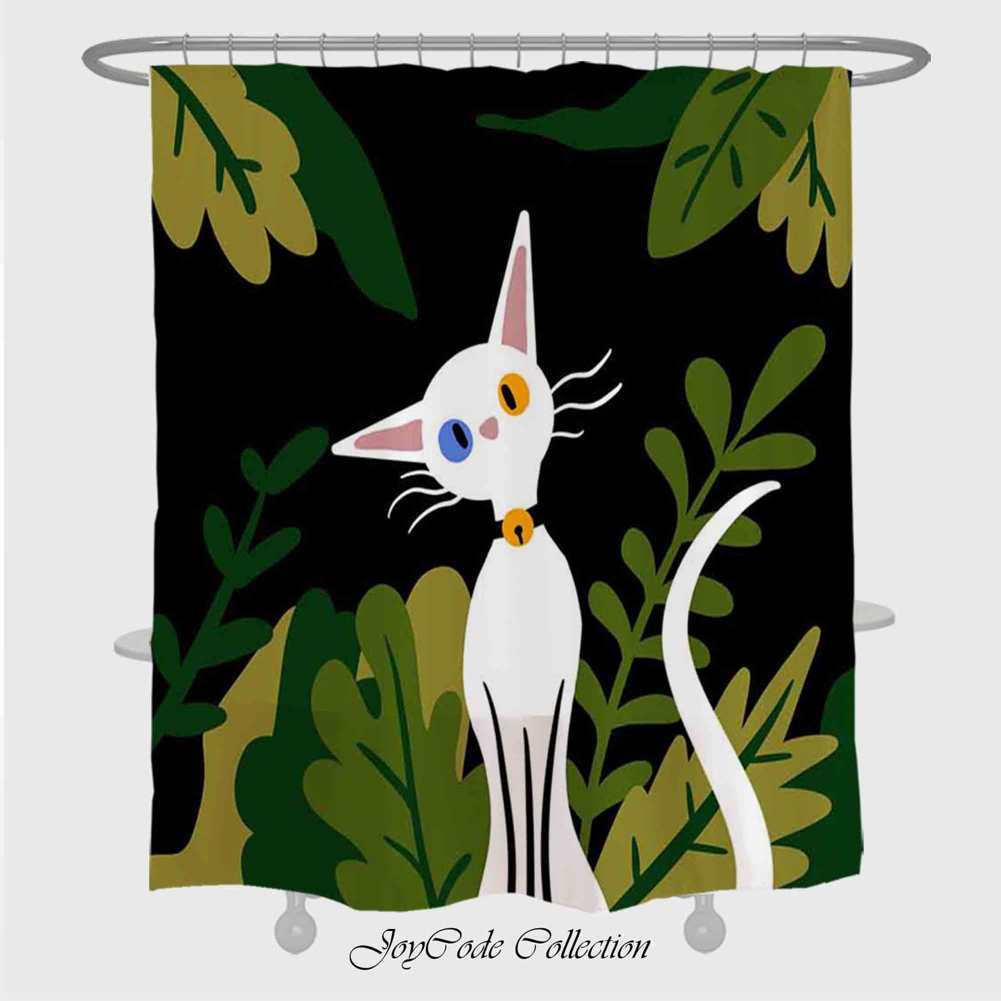 JoySwallow Little White Cat in the Dark Forest Shower Curtain, Floral Waterproof Heavy Weighted Bath Curtains with hooks, Animal Shower Curtain, Lovely Kitty Curtain