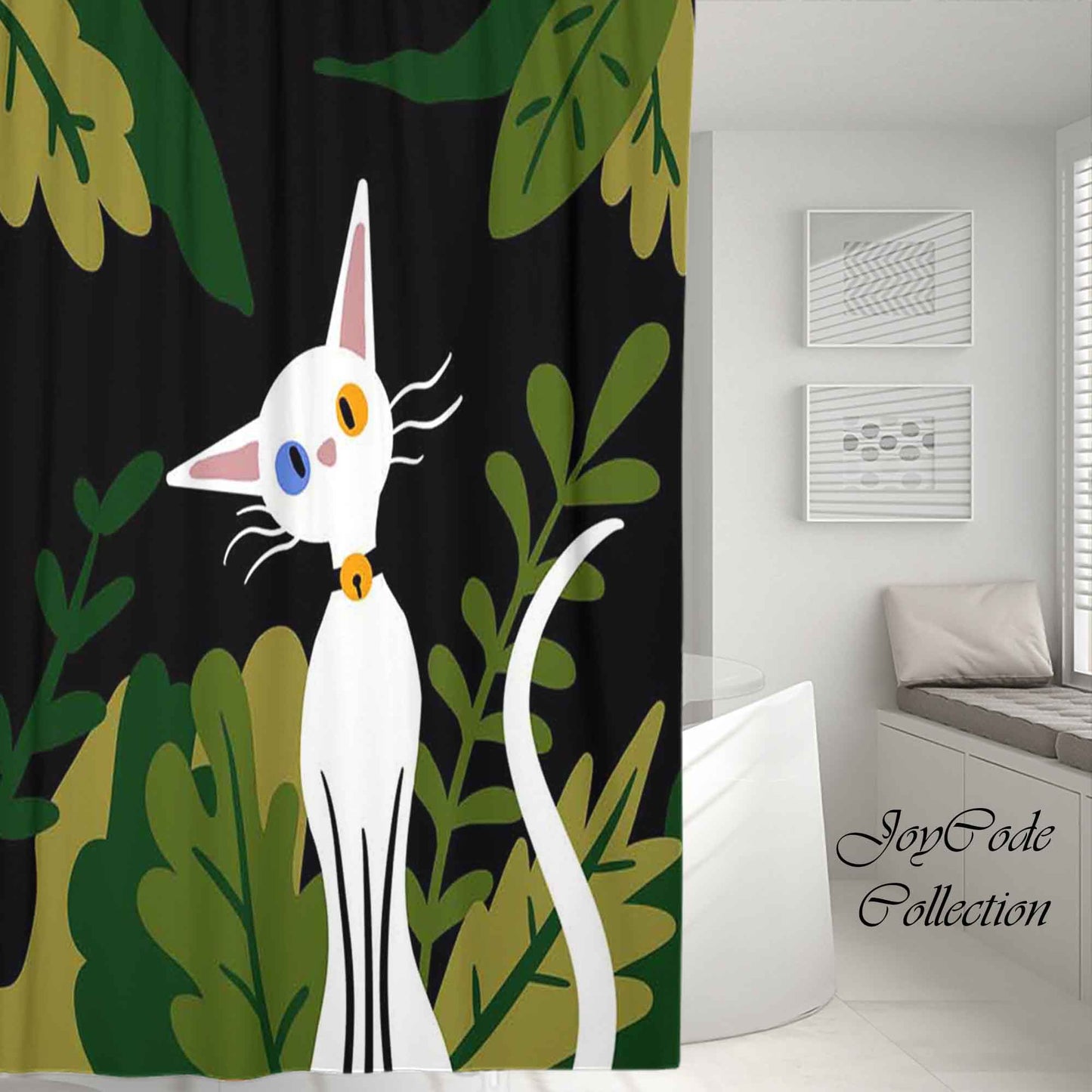 JoySwallow Little White Cat in the Dark Forest Shower Curtain, Floral Waterproof Heavy Weighted Bath Curtains with hooks, Animal Shower Curtain, Lovely Kitty Curtain