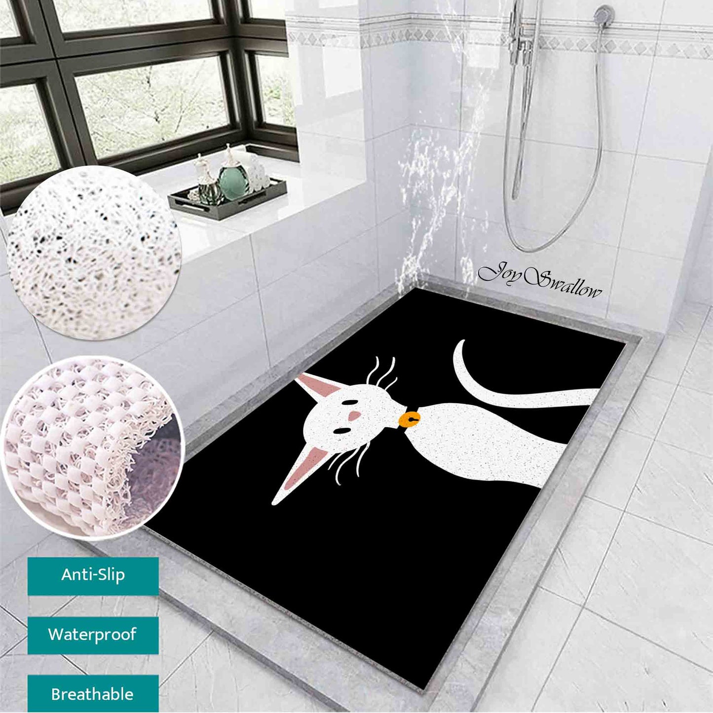 JoySwallow Personalized Bath Tub Mat, Little White Cat Tub Mat, Art PVC Coil Shower Mat, Modern  Anti Skid PVC Coil Bathmat, Permeable Bathmat, Drainable Rug