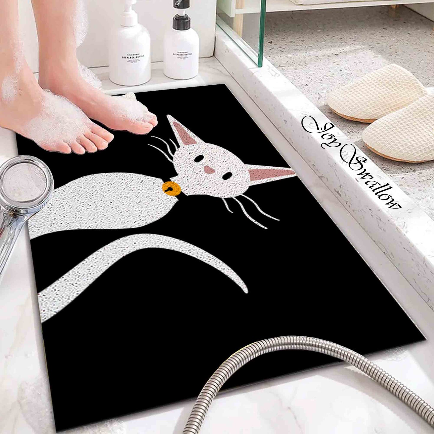 JoySwallow Personalized Bath Tub Mat, Little White Cat Tub Mat, Art PVC Coil Shower Mat, Modern  Anti Skid PVC Coil Bathmat, Permeable Bathmat, Drainable Rug