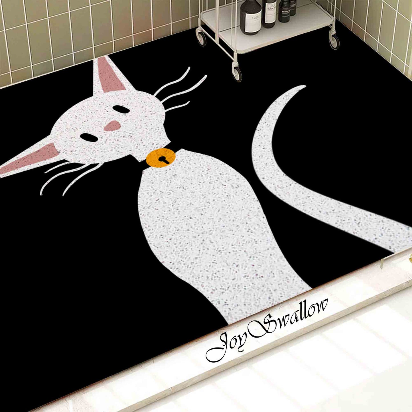 JoySwallow Personalized Bath Tub Mat, Little White Cat Tub Mat, Art PVC Coil Shower Mat, Modern  Anti Skid PVC Coil Bathmat, Permeable Bathmat, Drainable Rug