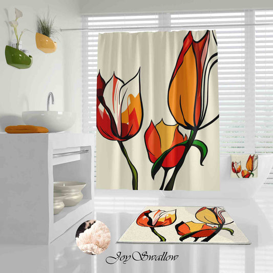 JoySwallow Tulip Shower Curtain, Leaves Waterproof Curtains, Floral Machine Washable Shower Curtains, flower Heavy Weighted Bath Curtains with hooks