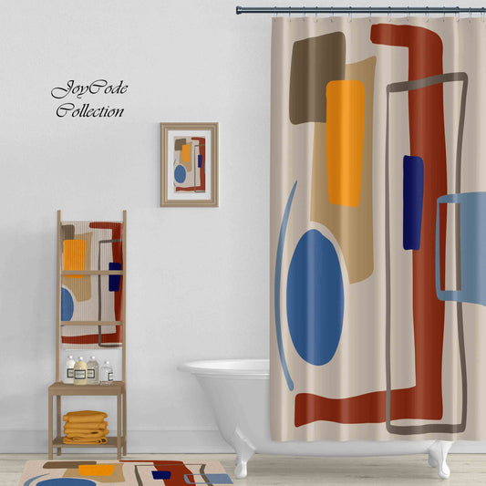 JoySwallow Modern Blocks Lines Art Blocks Shower Curtain, Abstract Blocks Waterproof Curtains, Check Machine Washable Shower Curtains, Heavy Weighted Bath Curtains with hooks