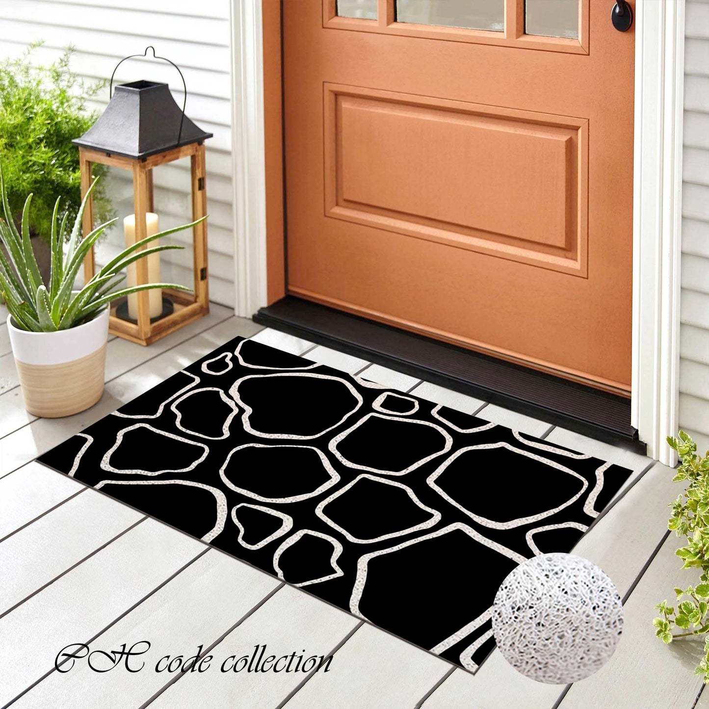 JoySwallow Modern irregular black and white Stones PVC Coil Entrance Door Mat, Irregular Blocks Anti-Skid Outdoor Mat, Animal Entryway Rug for Porch Courtyard