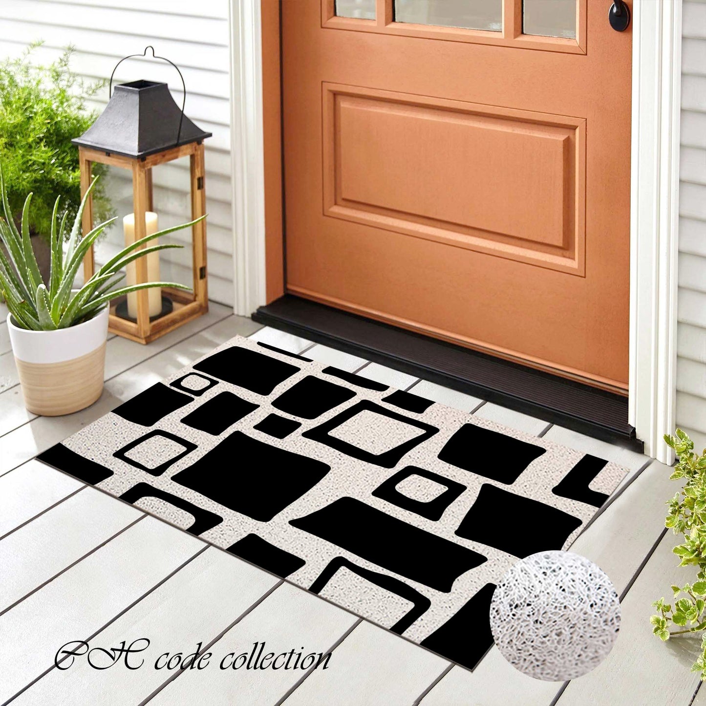 JoySwallow Modern Irregular Black and White Blocks PVC Coil Entrance Door Mat, Irregular Blocks Anti-Skid Outdoor Mat, Geometrical Entryway Rug for Porch Courtyard