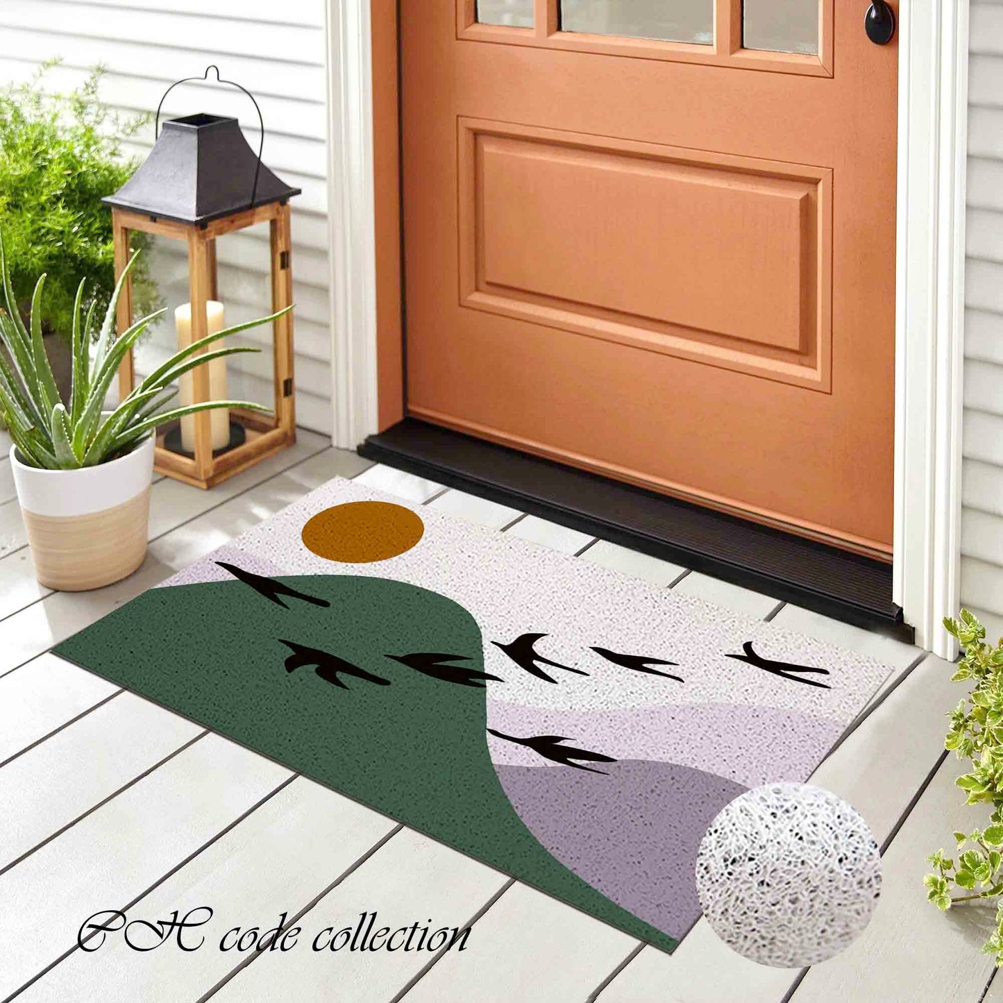 JoySwallow Mountain Bird and Sun PVC Coil Entrance Door Mat, Irregular Blocks Anti-Skid Outdoor Mat, Animal Entryway Rug for Porch Courtyard