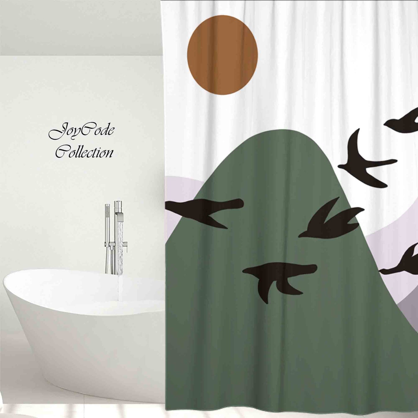 JoySwallow Mountain Birds and Sun Shower Curtain, Black Cat Waterproof Curtains, Animal Machine Washable Shower Curtains, Heavy Weighted Bath Curtains with hooks