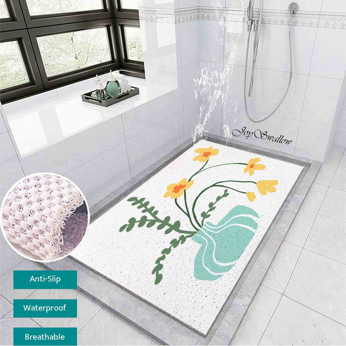 JoySwallow Personalized Bathtub Mat, Orange Buttercup and Vase Bathtub Mat,  Art PVC Coil Shower Mat, Flower Anti Skid PVC Coil Bathmat, Permeable Bathmat, Drainable Rug