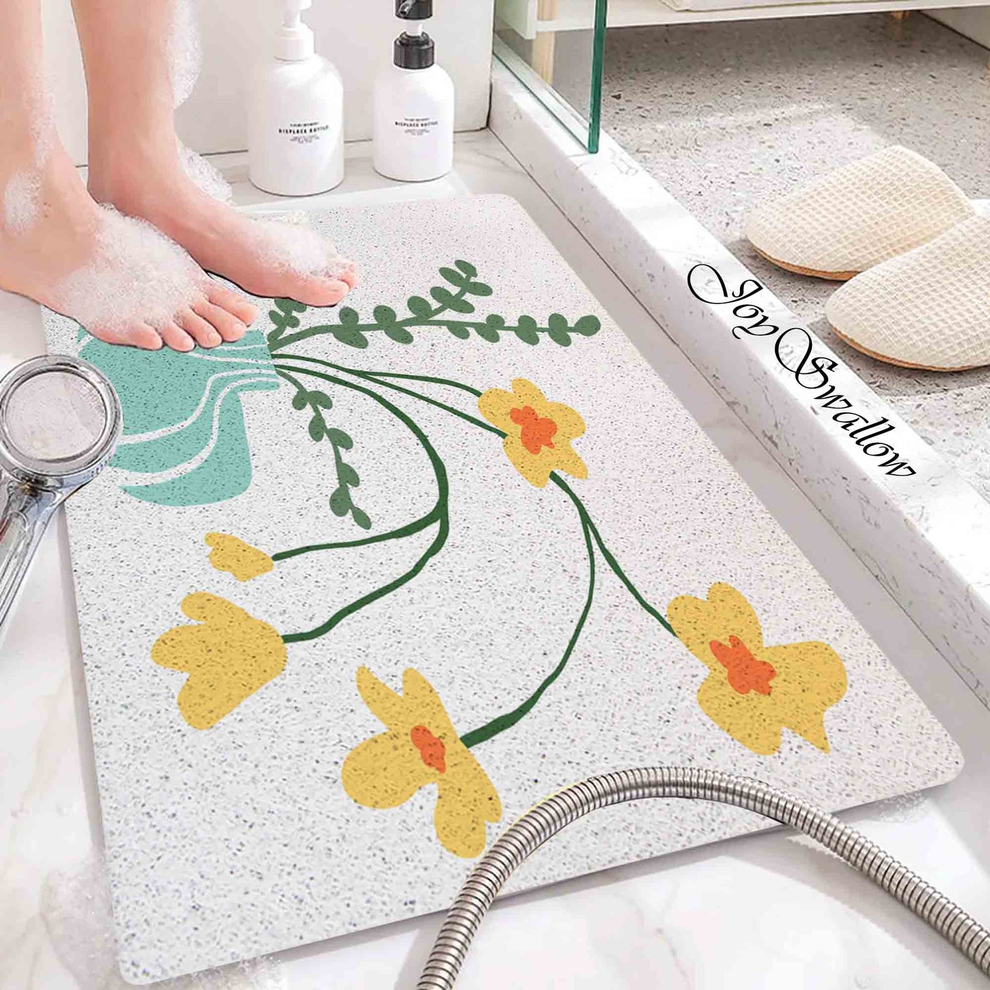 JoySwallow Personalized Bathtub Mat, Orange Buttercup and Vase Bathtub Mat,  Art PVC Coil Shower Mat, Flower Anti Skid PVC Coil Bathmat, Permeable Bathmat, Drainable Rug