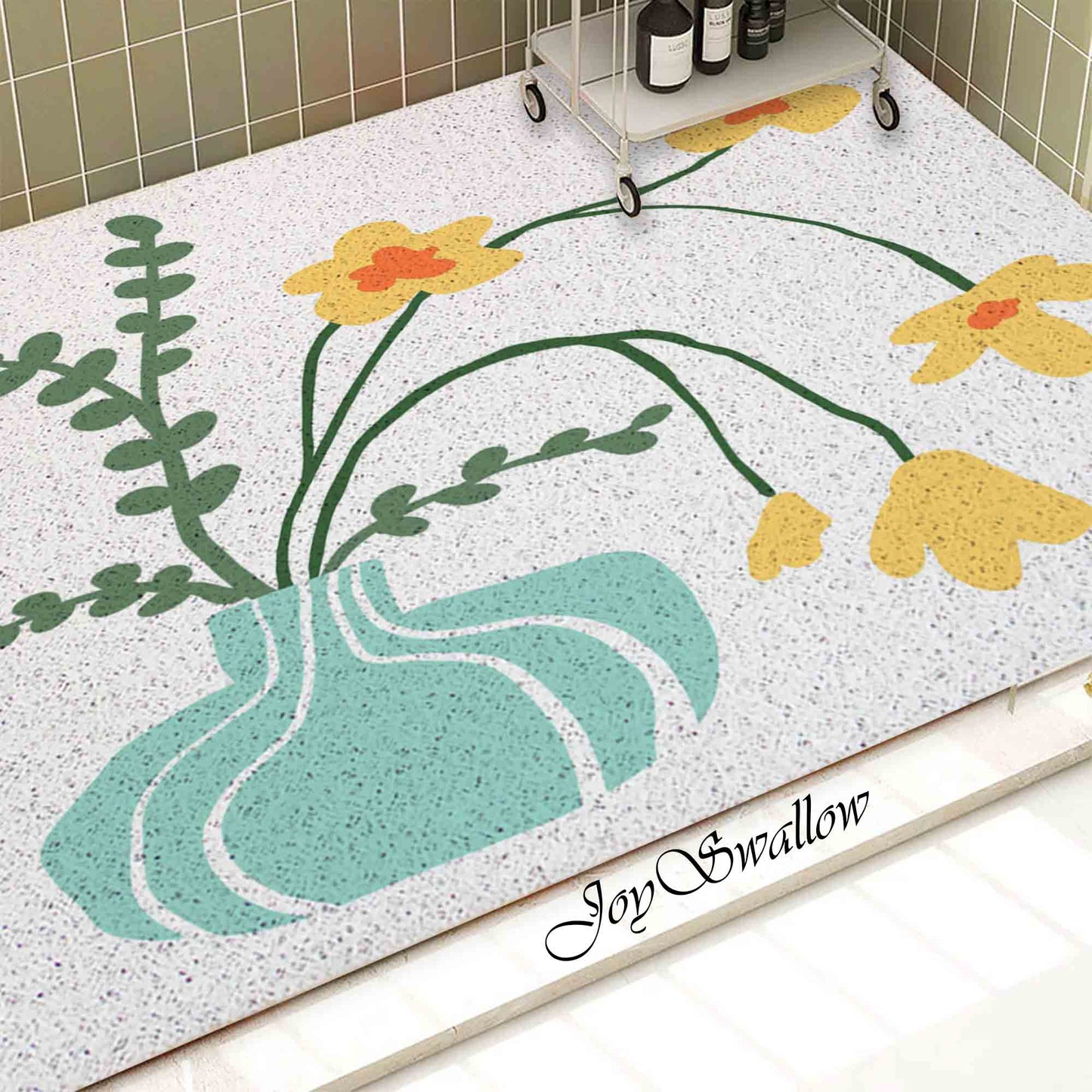 JoySwallow Personalized Bathtub Mat, Orange Buttercup and Vase Bathtub Mat,  Art PVC Coil Shower Mat, Flower Anti Skid PVC Coil Bathmat, Permeable Bathmat, Drainable Rug