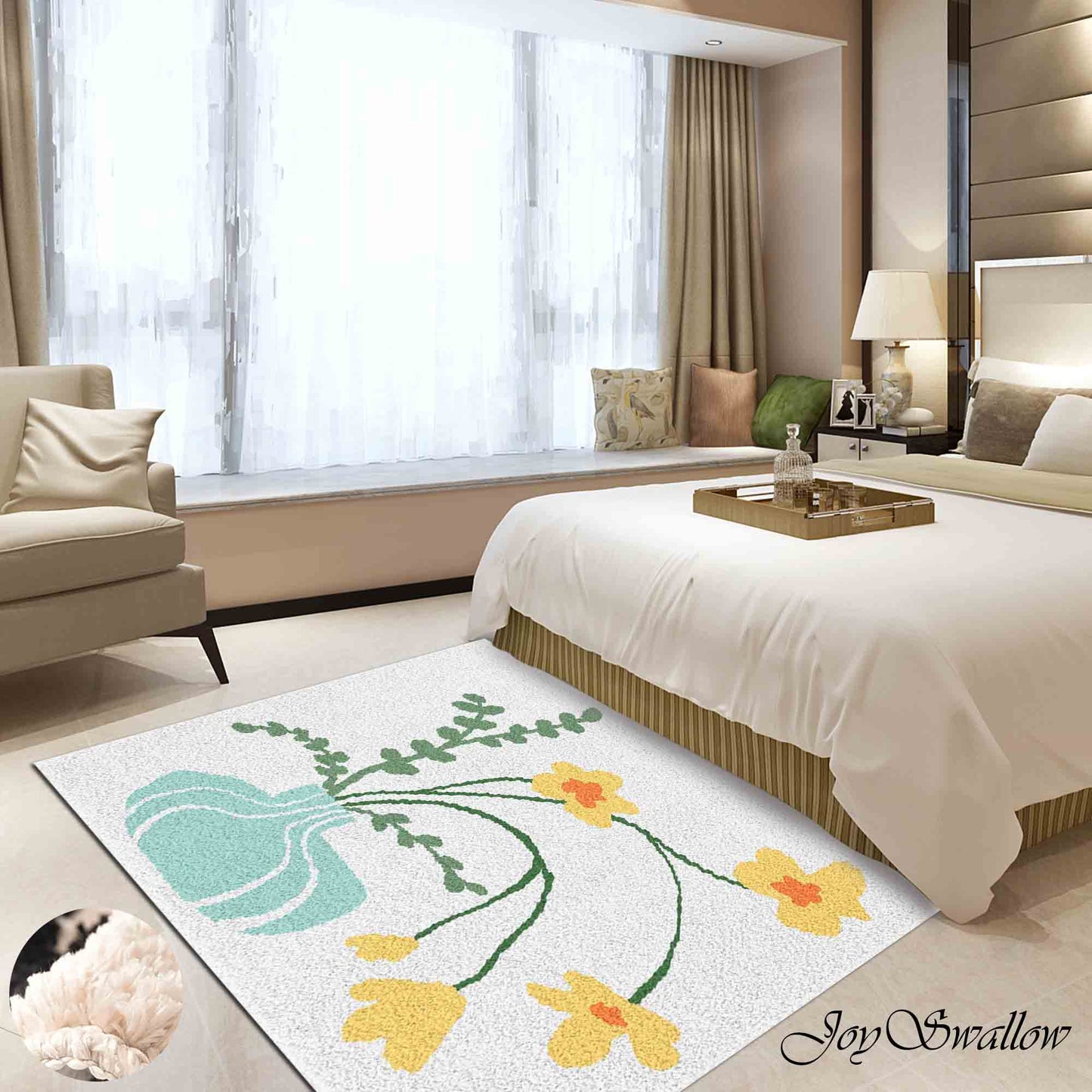 JoySwallow Yellow Buttercup Flowers and Vase Tufted Bathmat, Floral Bathroom Rug, Flower Area Rug, Floral Bedroom Rugs