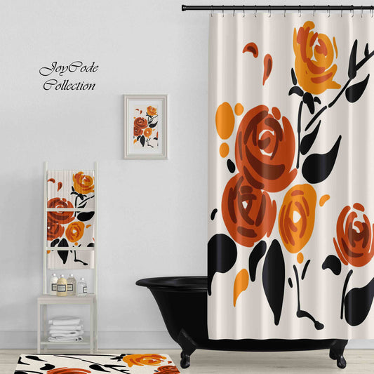 JoySwallow Orange Roses Shower Curtain, Leaves Waterproof Curtains, Floral Machine Washable Shower Curtains, flower Heavy Weighted Bath Curtains with hooks