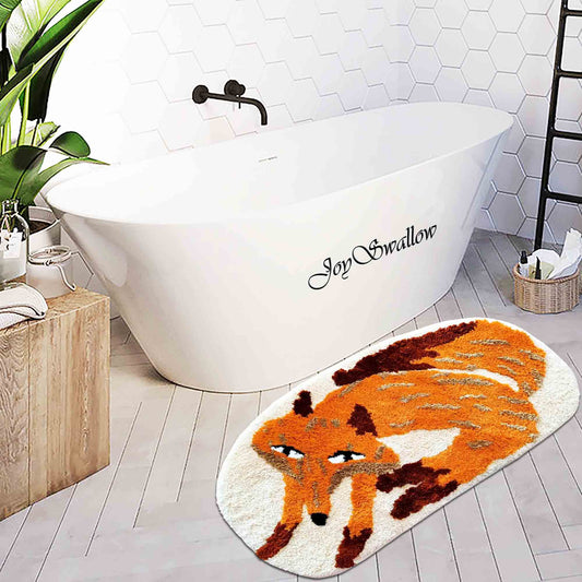 JoySwallow Orange Fox Tufted Bathmat, Animal Bathroom Rug, Fire Fox Area Rug, Cute Fox Bedroom Rugs