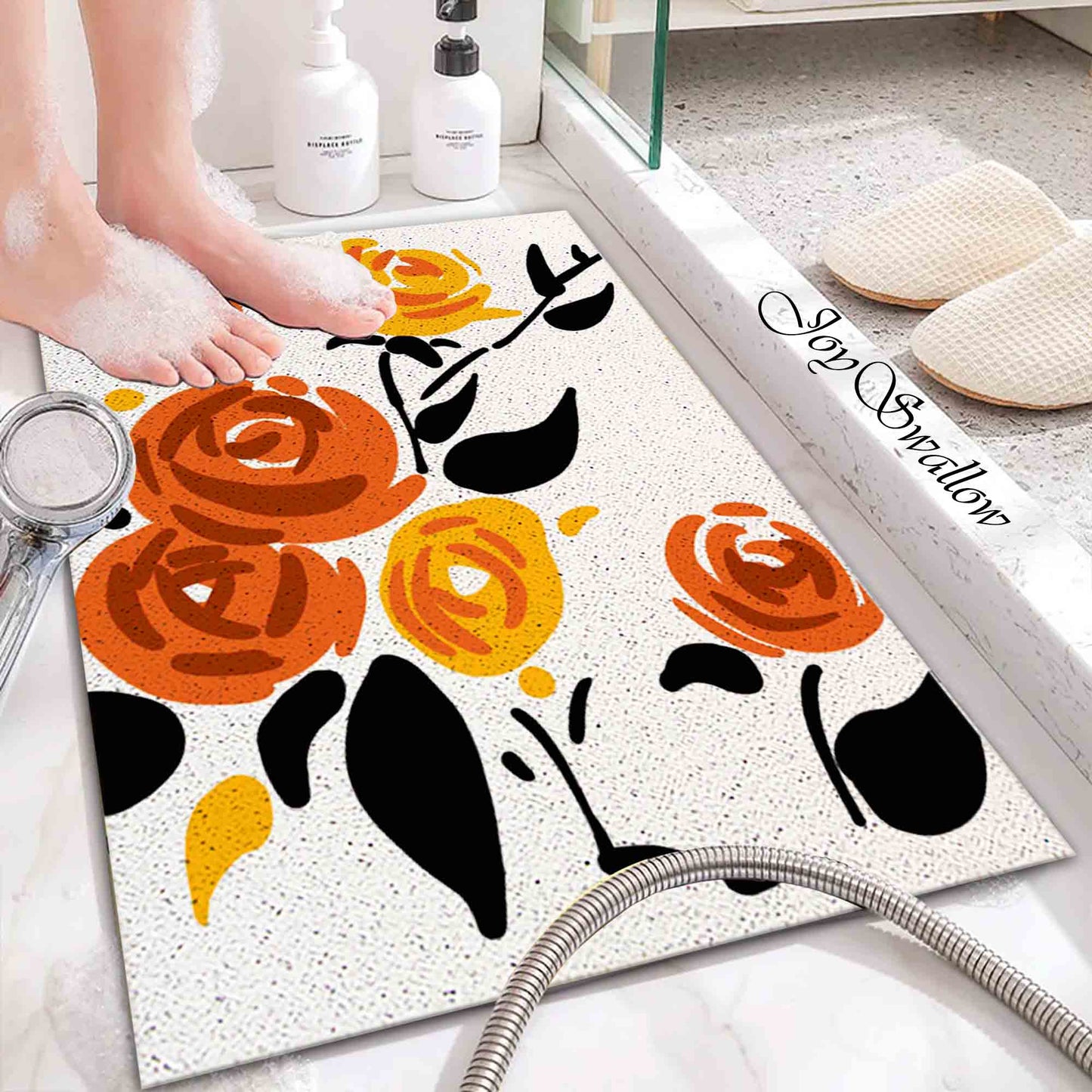 JoySwallow Personalized Bathtub Mat, Orange Red Rose Tub Mat, PVC Coil Permeable Bath Mat, Floral Drainable Bath Rug, Anti Skid Bathmat