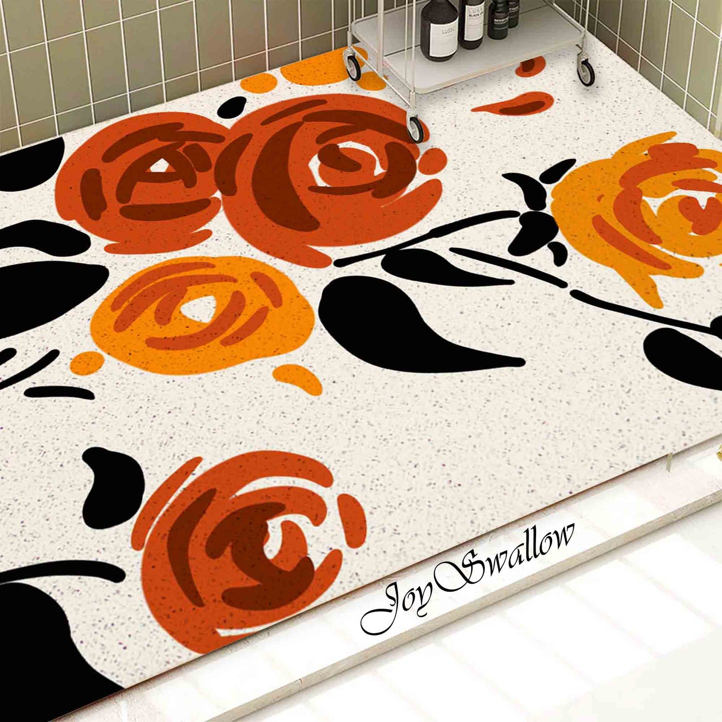 JoySwallow Personalized Bathtub Mat, Orange Red Rose Tub Mat, PVC Coil Permeable Bath Mat, Floral Drainable Bath Rug, Anti Skid Bathmat