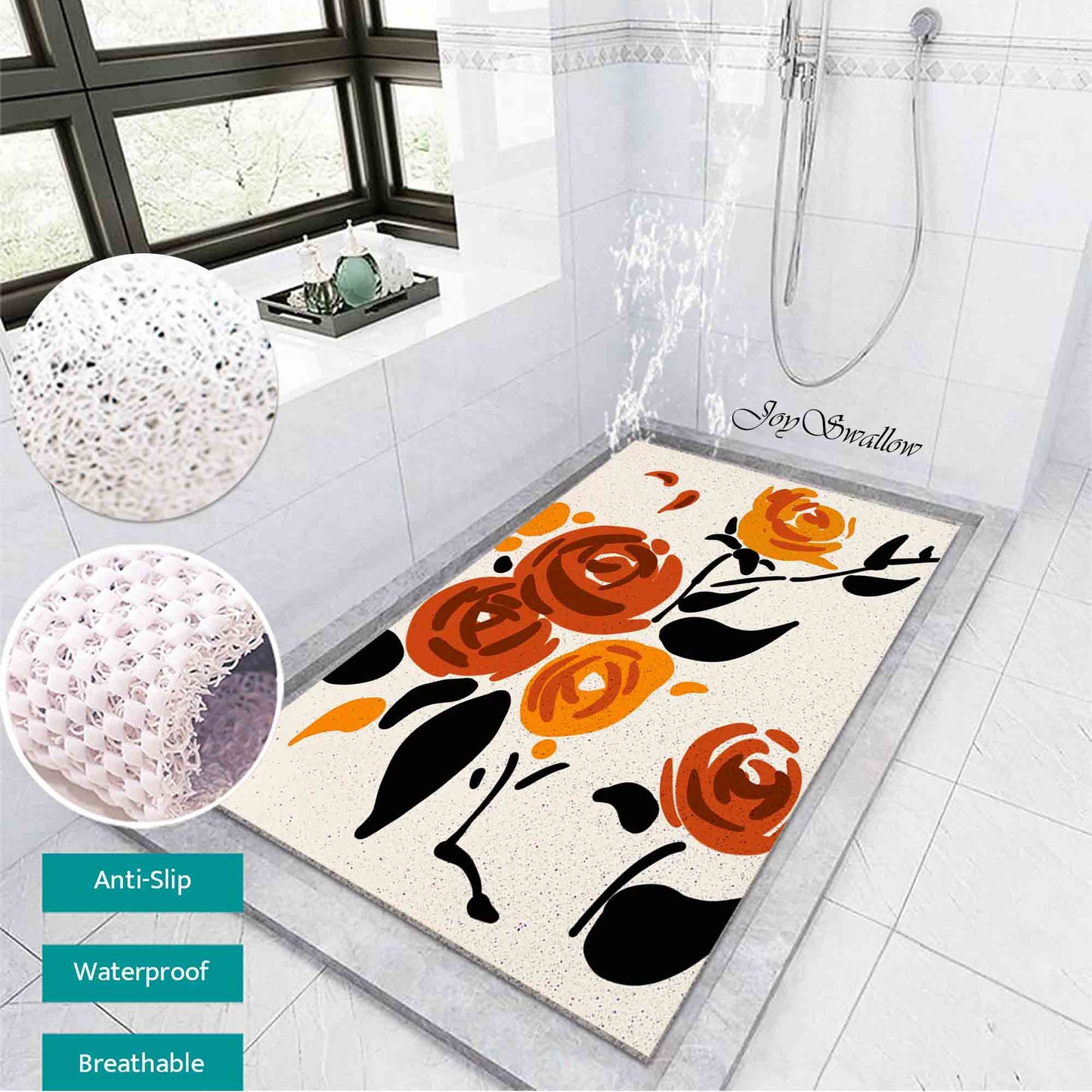 JoySwallow Personalized Bathtub Mat, Orange Red Rose Tub Mat, PVC Coil Permeable Bath Mat, Floral Drainable Bath Rug, Anti Skid Bathmat