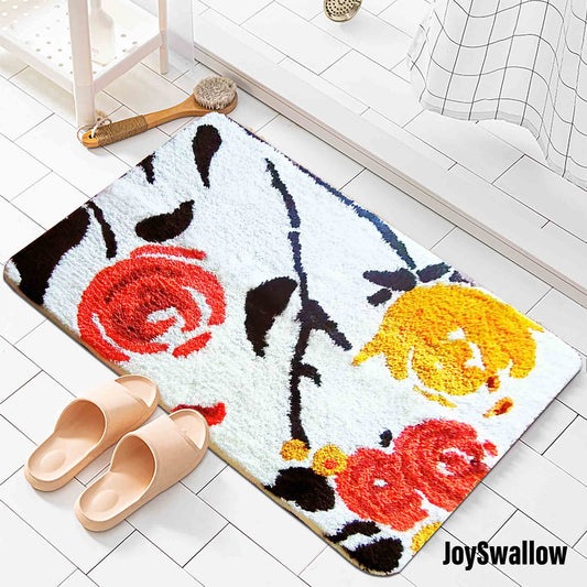 JoySwallow Orange Rose Tufted Bathmat, Floral Bathroom Rug, Flower Area Rug, Floral Bedroom Rugs