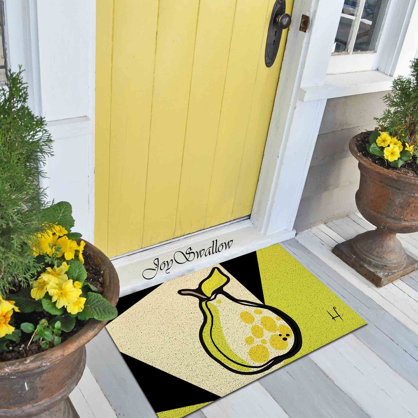 JoySwallow Personalized Door Mat, Geometrical Pear Doormat, PVC Coil Entrance Mat, Anti-Skid Outdoor Mat, Fruit Entryway Rug for Porch Courtyard