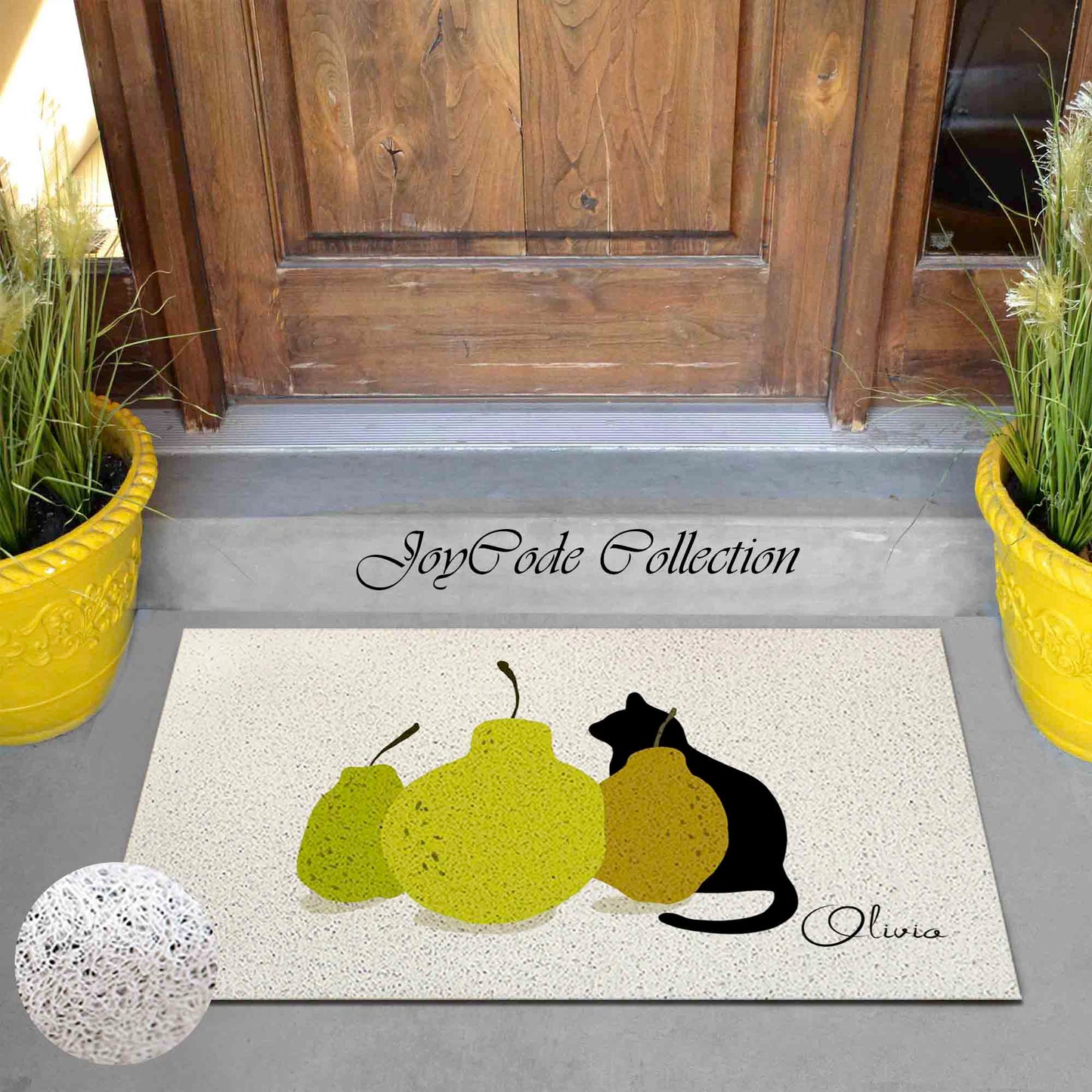 JoySwallow Personalized Door Mat, Pears and Cat PVC Coil Entrance Door Mat, Cute Animal Anti-Skid Outdoor Mat, Fruit Entryway Rug for Porch Courtyard