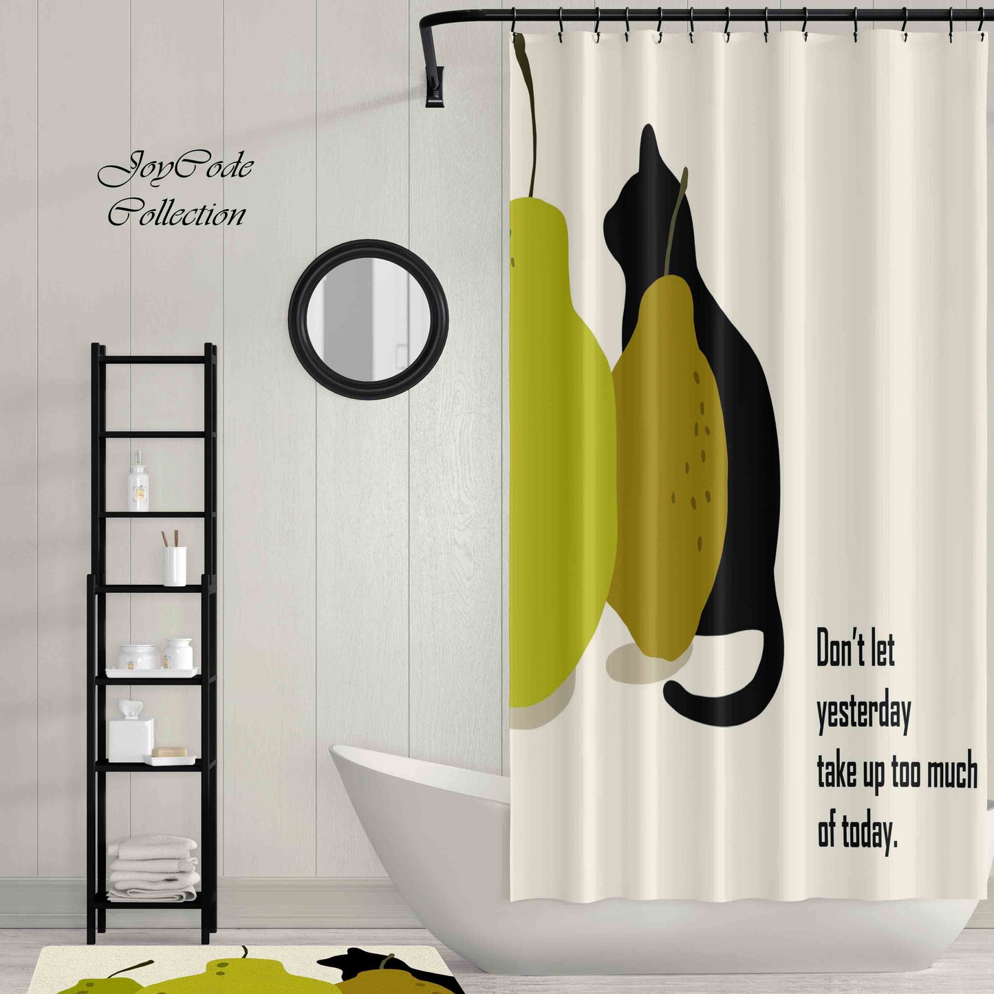 JoySwallow Pears and Cat Shower Curtain, Black Cat Waterproof Curtains, Animal Machine Washable Shower Curtains, Heavy Weighted Bath Curtains with hooks