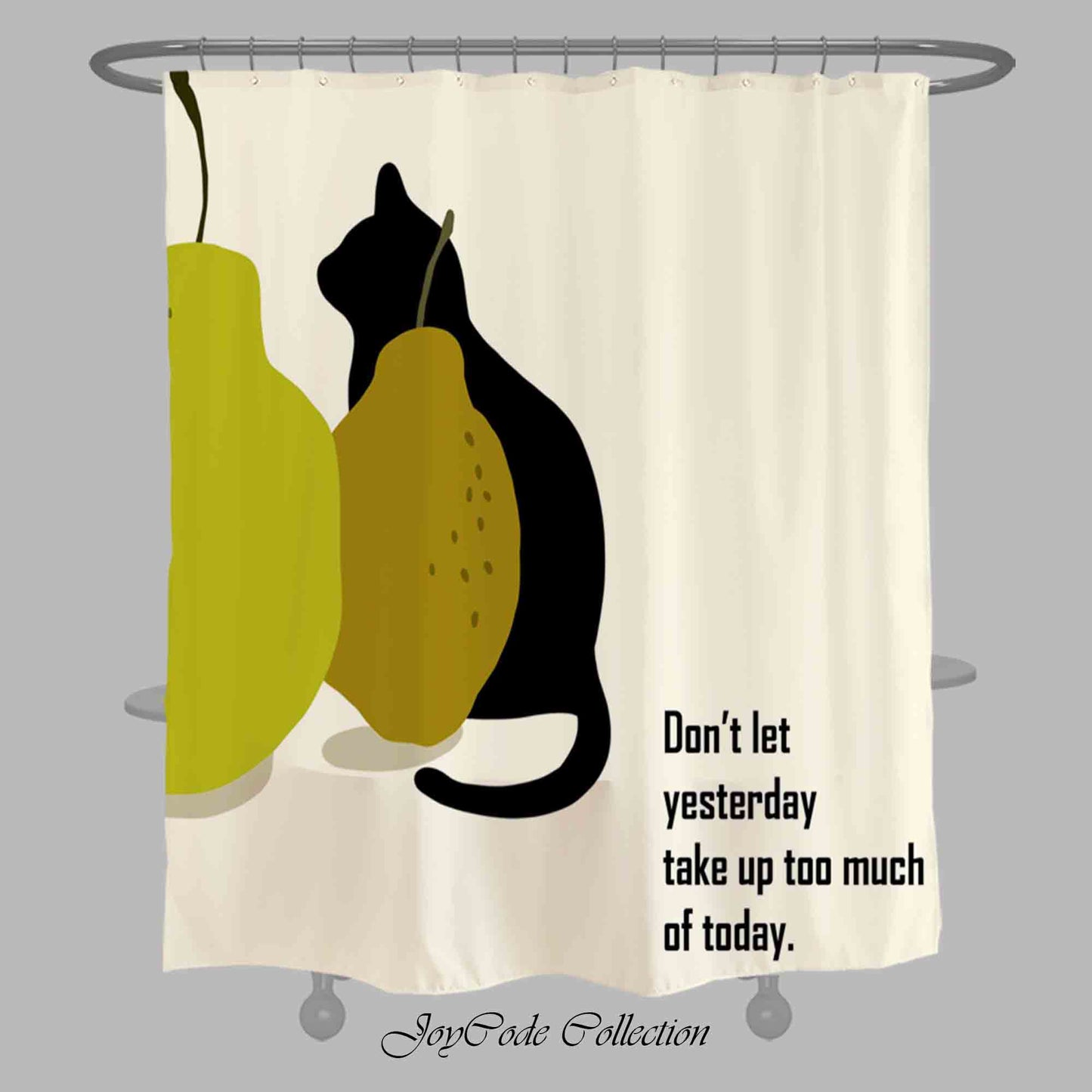 JoySwallow Pears and Cat Shower Curtain, Black Cat Waterproof Curtains, Animal Machine Washable Shower Curtains, Heavy Weighted Bath Curtains with hooks