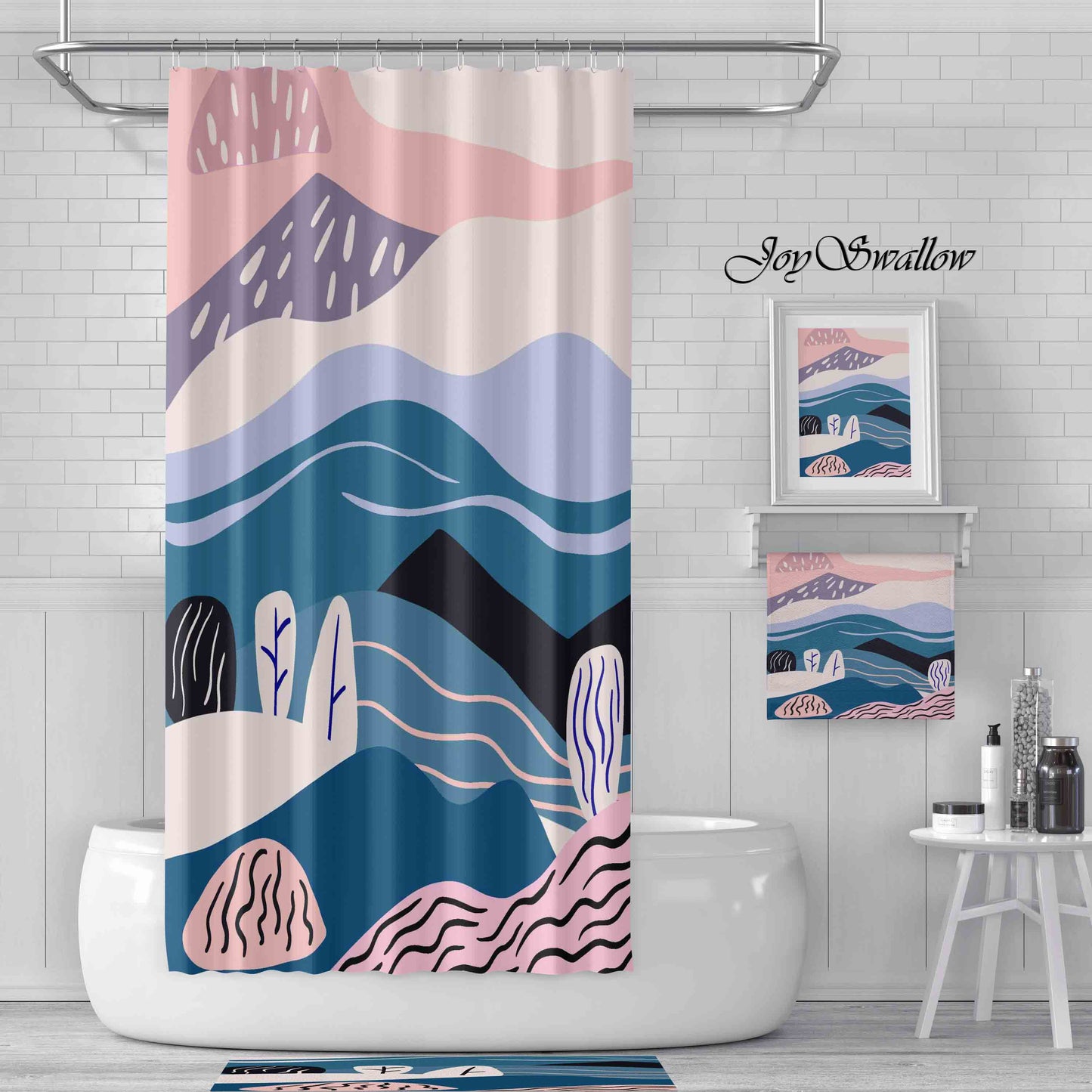 JoySwallow Pink Hills Trees Shower Curtain, Mountain Shower Curtain, Landscape Waterproof Curtains, Hill Machine Washable Shower Curtains, Sunset Heavy Weighted Bath Curtains with hooks