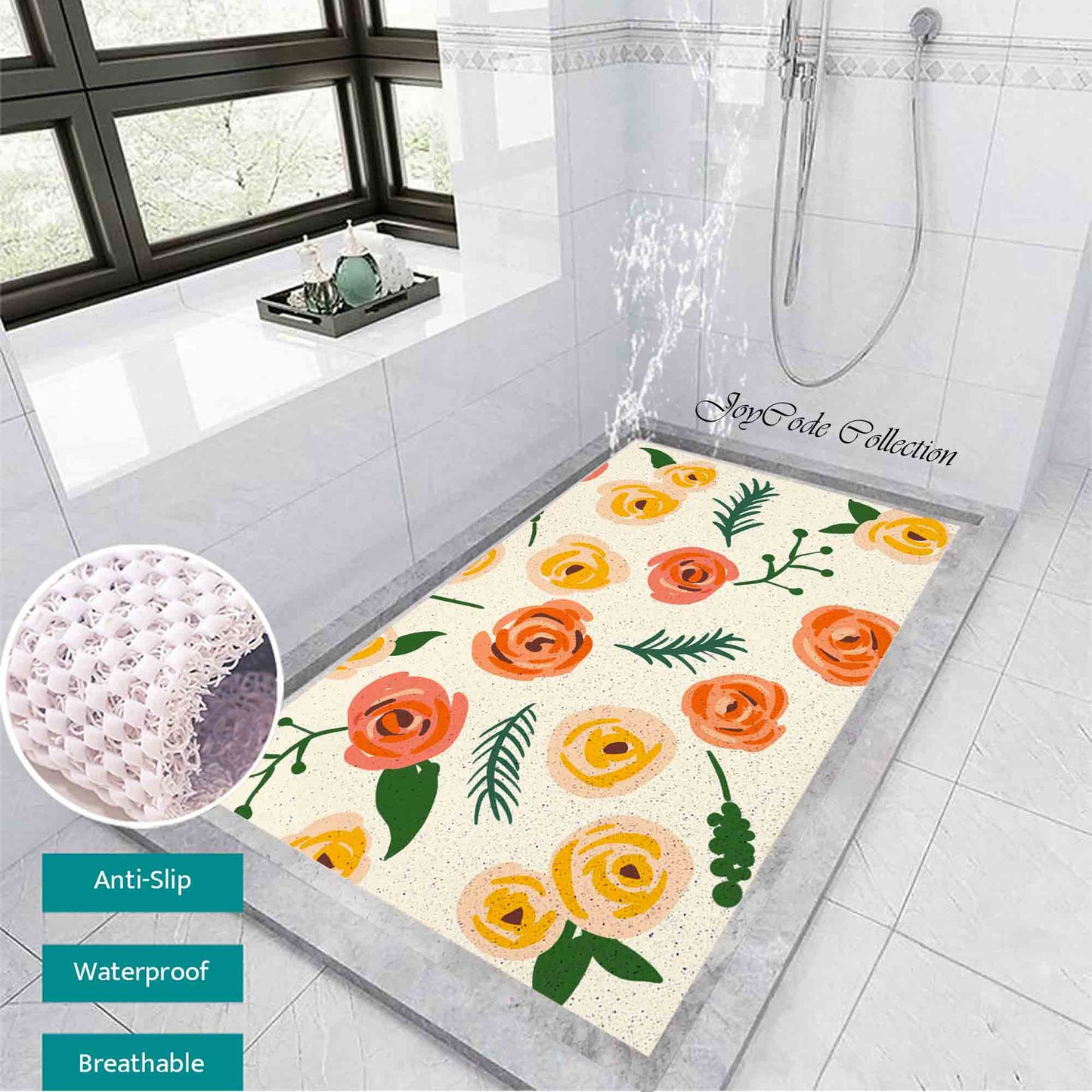 JoySwallow Personalized Bathtub Mat, Pink Orange Champagne Roses Bathtub Mat, PVC Coil Shower Mat, Anti Skid PVC Coil Bathmat, Floral Permeable Bathmat, Irregular Shaped Drainable Rug