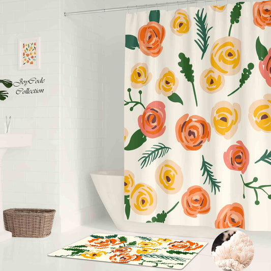 JoySwallow Orange Champagne Roses Shower Curtain, Leaves Waterproof Curtains, Floral Machine Washable Shower Curtains, flower Heavy Weighted Bath Curtains with hooks