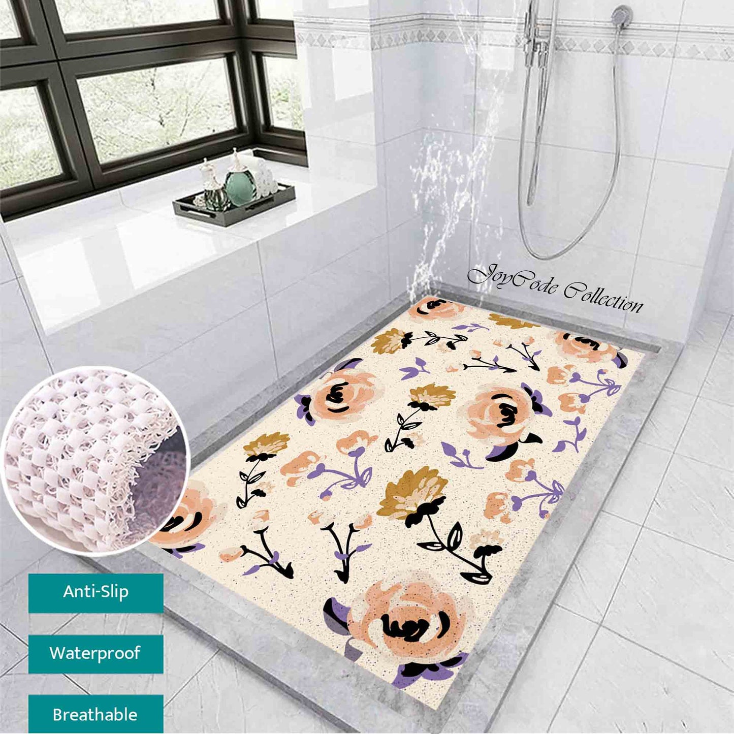 JoySwallow Personalized Bathtub Mat, Pink Roses Purple Leaves Bathtub Mat, PVC Coil Shower Mat, Anti Skid PVC Coil Bathmat, Floral Permeable Bathmat, Irregular Shaped Drainable Rug