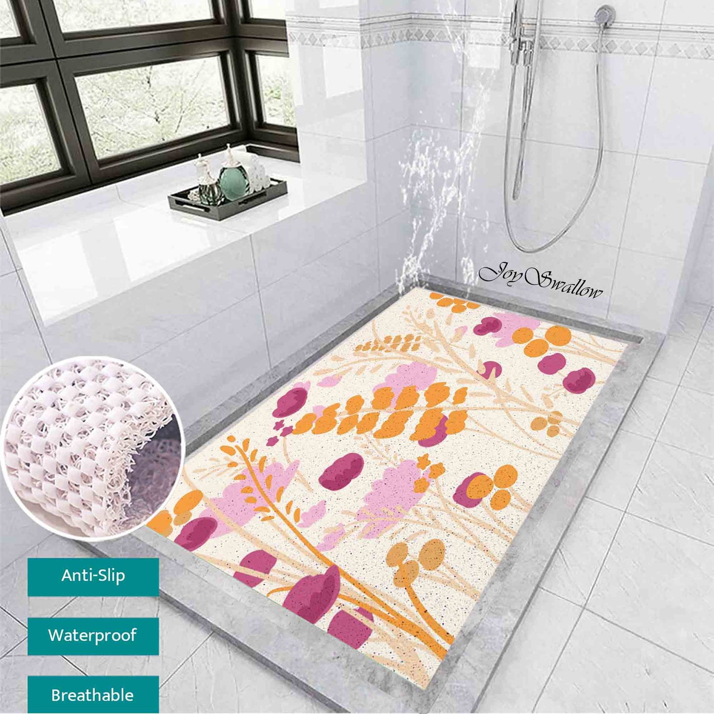 JoySwallow Personalized Bathtub Mat, Pink Flower Garden Bath Tub Mat, PVC Coil Permeable Bath Mat, Floral Drainable Bath Rug, Anti Skid Bathmat