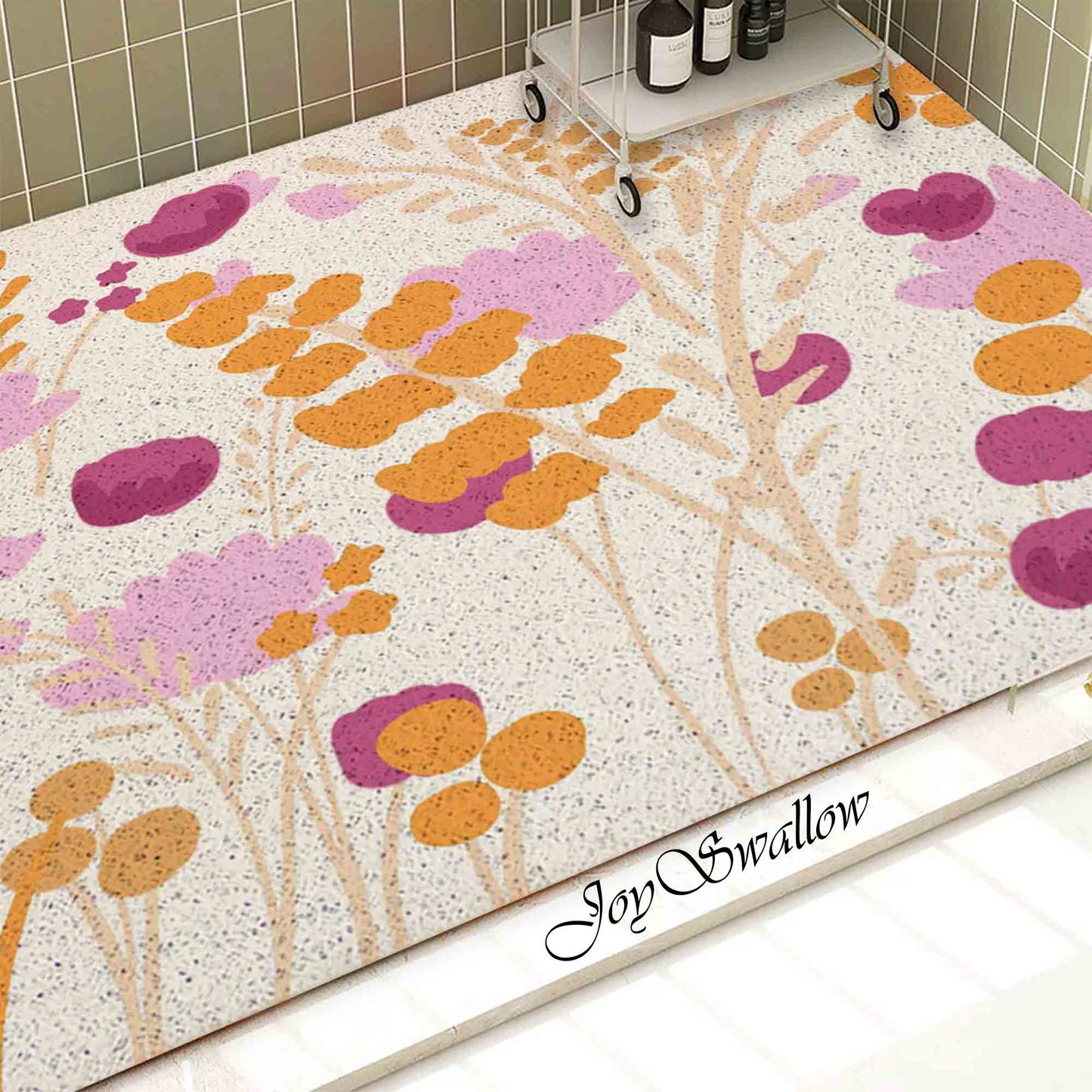 JoySwallow Personalized Bathtub Mat, Pink Flower Garden Bath Tub Mat, PVC Coil Permeable Bath Mat, Floral Drainable Bath Rug, Anti Skid Bathmat