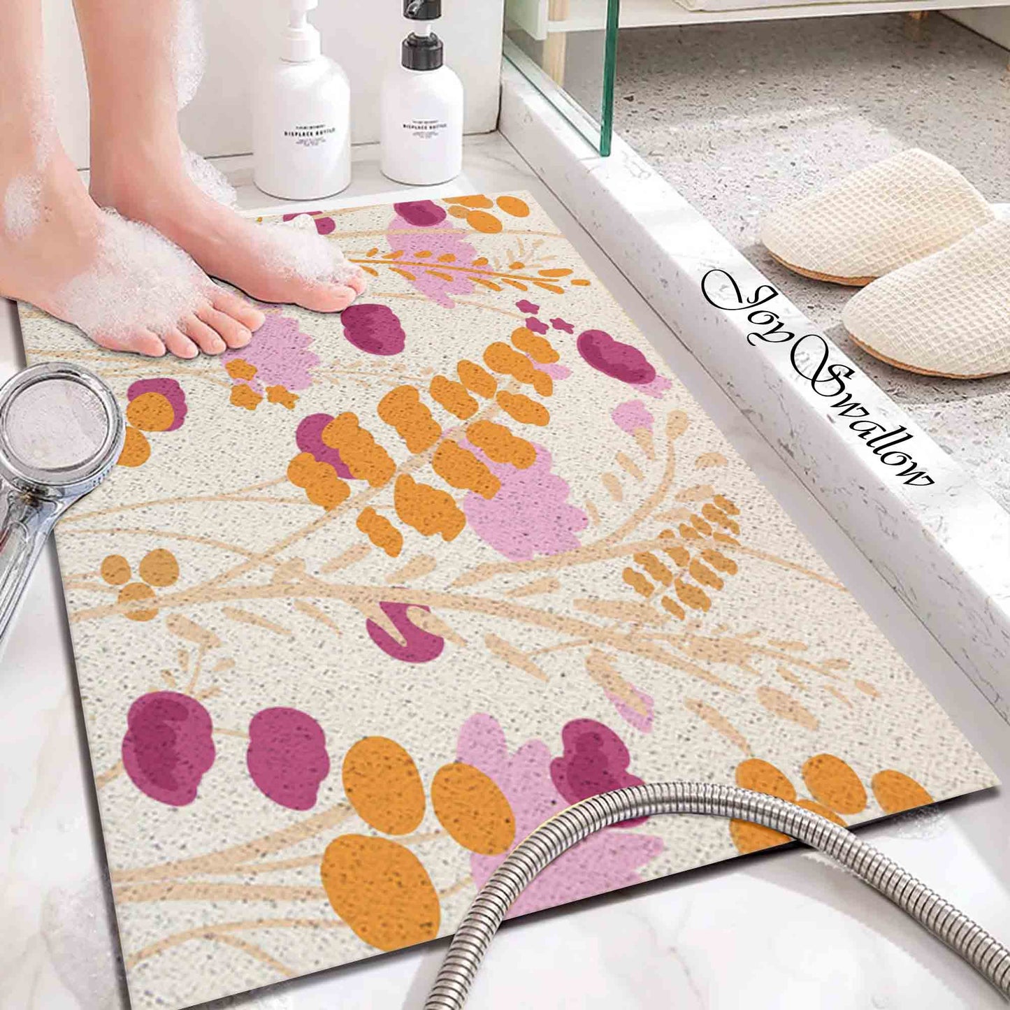 JoySwallow Personalized Bathtub Mat, Pink Flower Garden Bath Tub Mat, PVC Coil Permeable Bath Mat, Floral Drainable Bath Rug, Anti Skid Bathmat