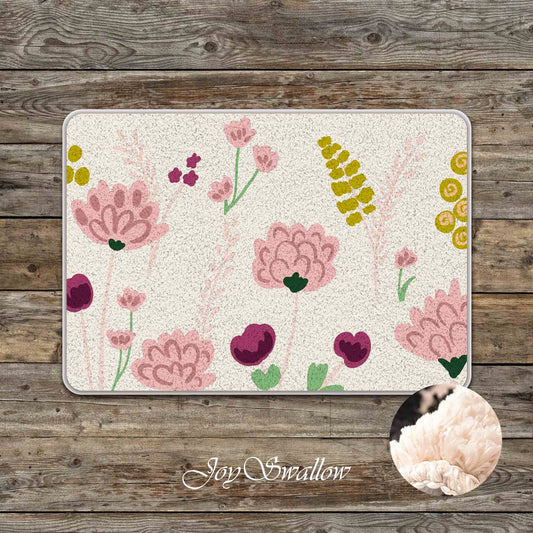 JoySwallow Pink Flowers Tufted Bathmat, Floral Bathroom Rug, Flower Area Rug, Floral Bedroom Rugs