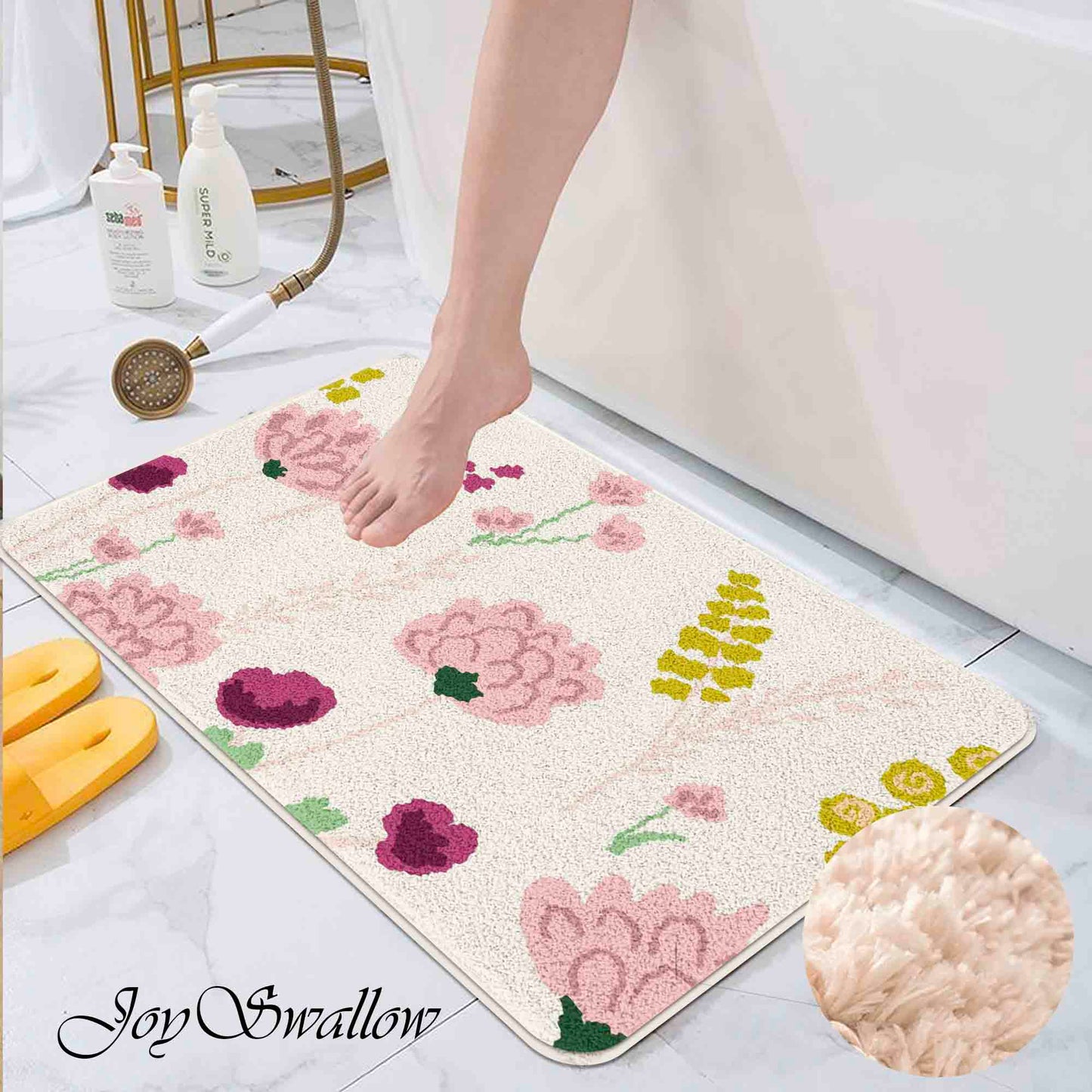 JoySwallow Pink Flowers Tufted Bathmat, Floral Bathroom Rug, Flower Area Rug, Floral Bedroom Rugs