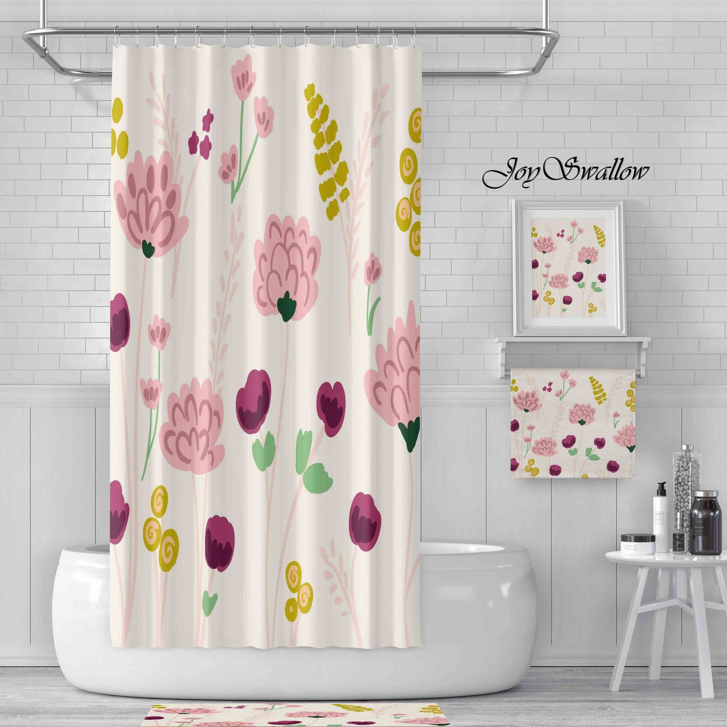 JoySwallow Pink Flower Garden Shower Curtain, Leaves Waterproof Curtains, Floral Machine Washable Shower Curtains, flower Heavy Weighted Bath Curtains with hooks