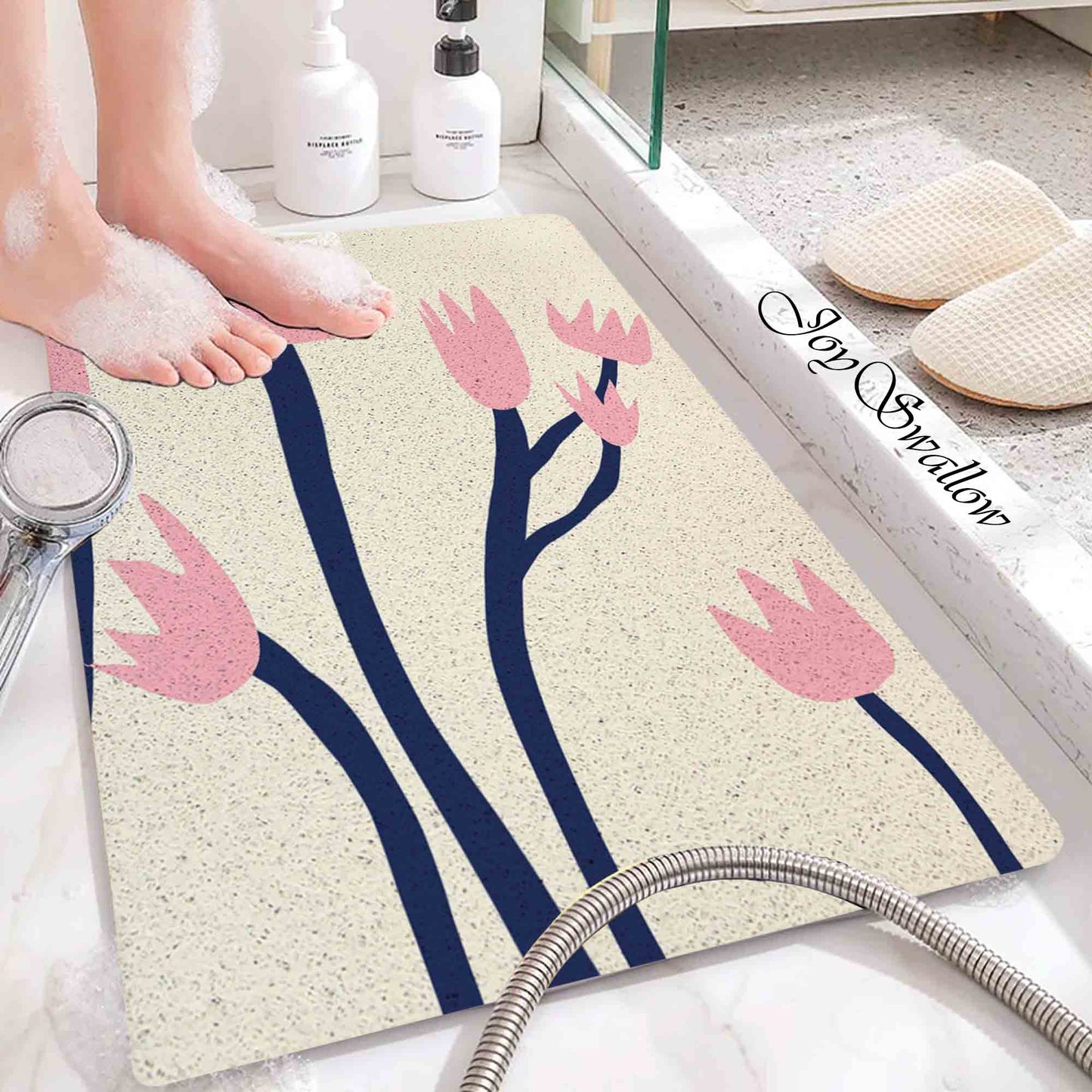 JoySwallow Personalized Bathtub Mat, Pink Tulip Bathtub Mat,  Art PVC Coil Shower Mat, Flower Anti Skid PVC Coil Bathmat, Permeable Bathmat, Drainable Rug