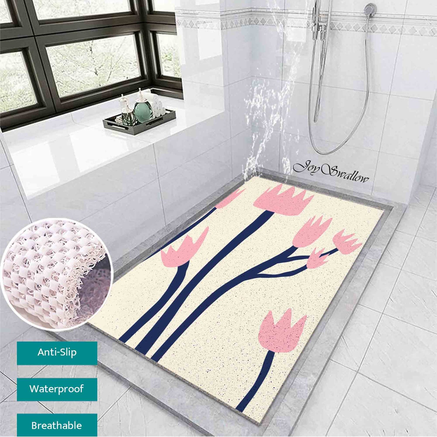 JoySwallow Personalized Bathtub Mat, Pink Tulip Bathtub Mat,  Art PVC Coil Shower Mat, Flower Anti Skid PVC Coil Bathmat, Permeable Bathmat, Drainable Rug